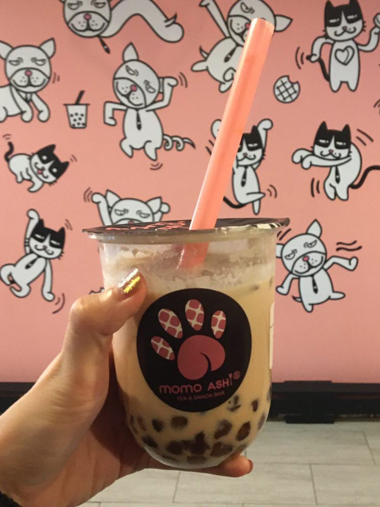 Boba drink in front of the cat mural